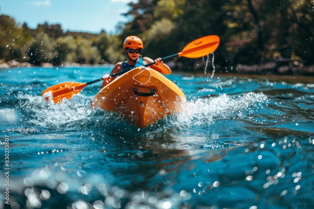 Fototapeta premium Man Riding Kayak on Lake
