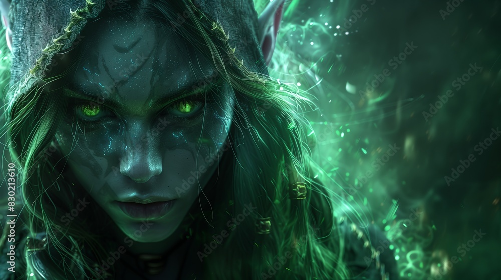 Portrait of an elf girl with green eyes and tattoos on her face, in a green hood on a dark background Portrait of an elf girl with green eyes and tattoos on her face, in a green hood on a dark background