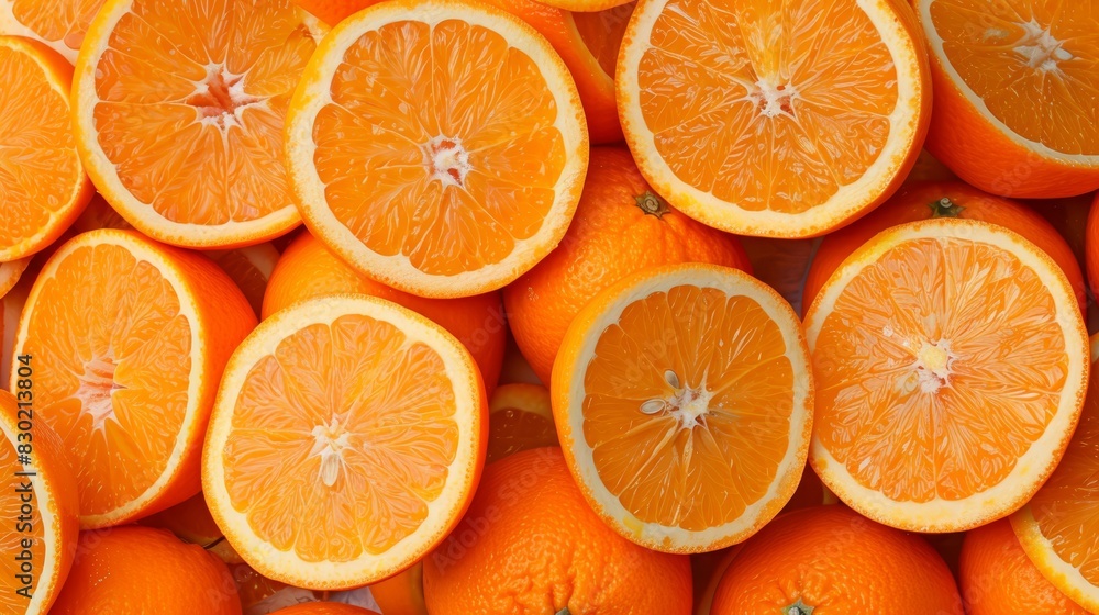 A stack of oranges, halved and alternated, with a single half atop the other's round base A stack of oranges, halved and alternated, with a single half atop the other's round base