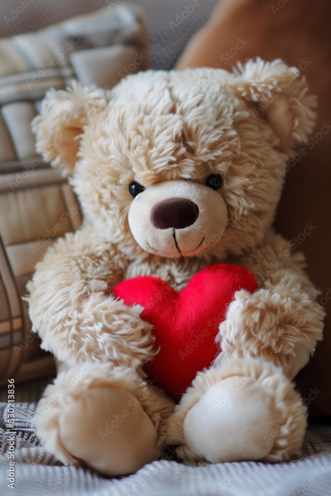 Cute Teddy Bear with Red Heart Snuggled on Sofa Cute Teddy Bear with Red Heart Snuggled on Sofa