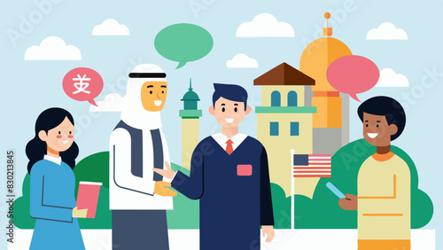 A local university hosts a language exchange program where international students can teach their native languages such as Japanese Italian and Arabic to local residents.. Vector illustration