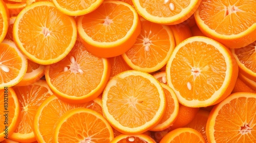  A stack of halved oranges with their rounded tops aligned at the center