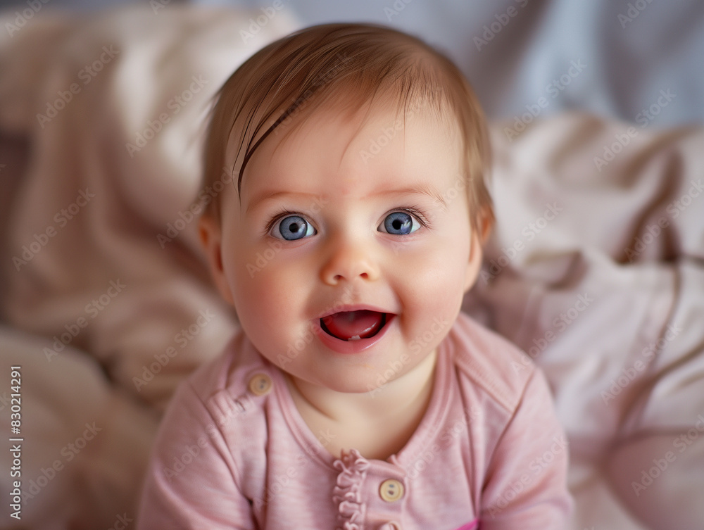 Cute little baby girl with blue eyes looking at camera and smiling. Cute little baby girl with blue eyes looking at camera and smiling.