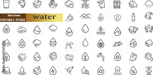water linear icon collection real estate. Drop Water, Mineral Water, Low and High Tide, Shower, 