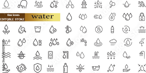 water linear icon collection real estate. Drop Water, Mineral Water, Low and High Tide, Shower, 