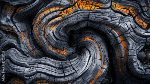  A tight shot of a wood slice resembling a tree trunk, displaying orange striations in its heartwood against a black backdrop of gray and orange photo