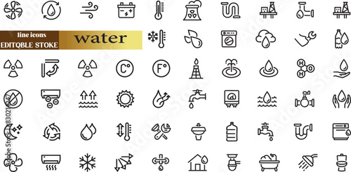 water linear icon collection real estate. Drop Water, Mineral Water, Low and High Tide, Shower, 