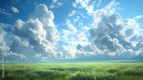 Vast green field under a blue sky with white clouds