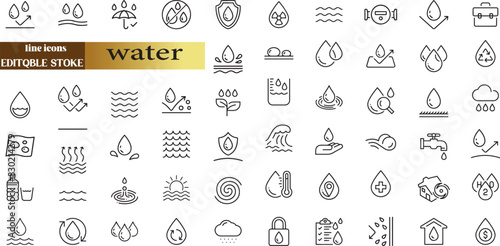 water linear icon collection real estate. Drop Water, Mineral Water, Low and High Tide, Shower, 