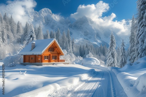 A log cabin in the foreground of a snowy mountain landscape