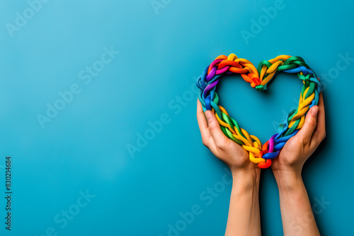 Hand making a heart sign with gay pride LGBTQ rainbow wristband. Happy pride month. photo