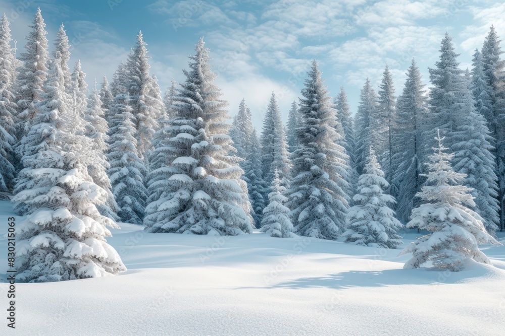 A beautiful snowy forest with towering mountains in the distance