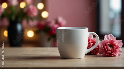 Blank mug with pink flowers. Romantic style. Generative AI.