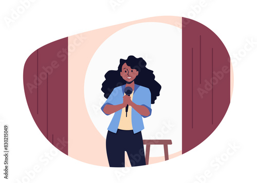 Vector illustration comedy show in which a comedian girl entertains the audience with jokes