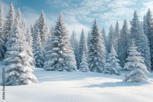 A beautiful snowy forest with towering mountains in the distance
