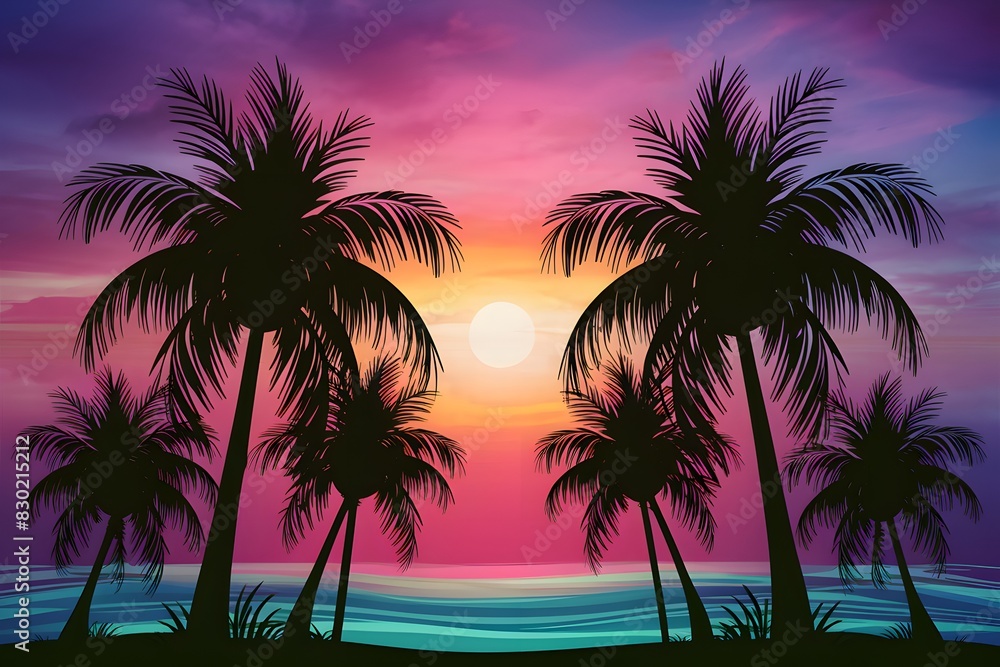Tranquil tropical scene with palm trees at colorful sunrise or sunset