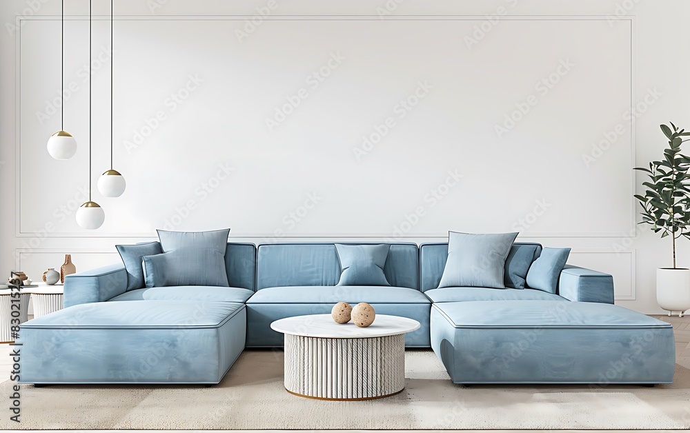 Modern interior design of living room with light blue sofa and white wall background, mock up for presentation, 3d rendering illustration, high resolution photography, stock photo Modern interior design of living room with light blue sofa and white wall background, mock up for presentation, 3d rendering illustration, high resolution photography, stock photo