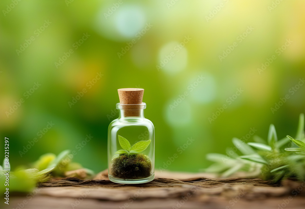 A small glass bottle on a wooden background, surrounded by dried herbs and flowers A small glass bottle on a wooden background, surrounded by dried herbs and flowers