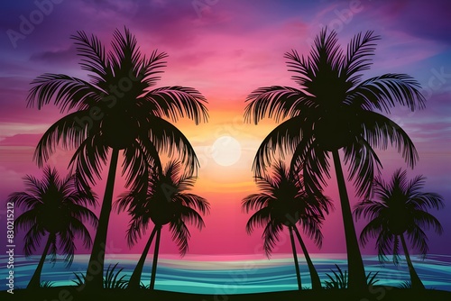 Tranquil tropical scene with palm trees at colorful sunrise or sunset
