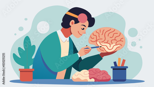 A student carefully painting the details on their handmade model of the human brain adding finishing touches before the fair.. Vector illustration