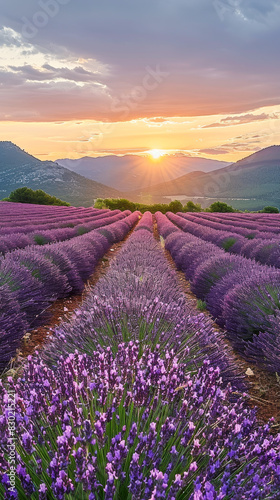 Lavender Field at Sunset in Puimoisson Provence France Vibrant Purple Blossoms Rows with Mountain Background Capturing Summer Tranquility Landscape