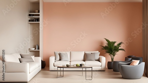 Peach fuzz interior room color for 2024 with pastel wall accent paint in apricot salmon orange shades, featuring ivory creamy luxury furniture, sofa, and tan pillows, 3D render  © Land Stock