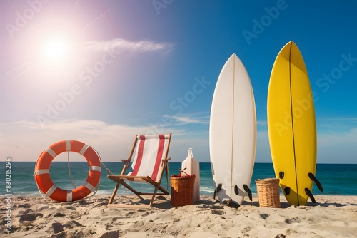 Beach scene with surfboards, lifebuoy, and accessories under sunny blue sky photo