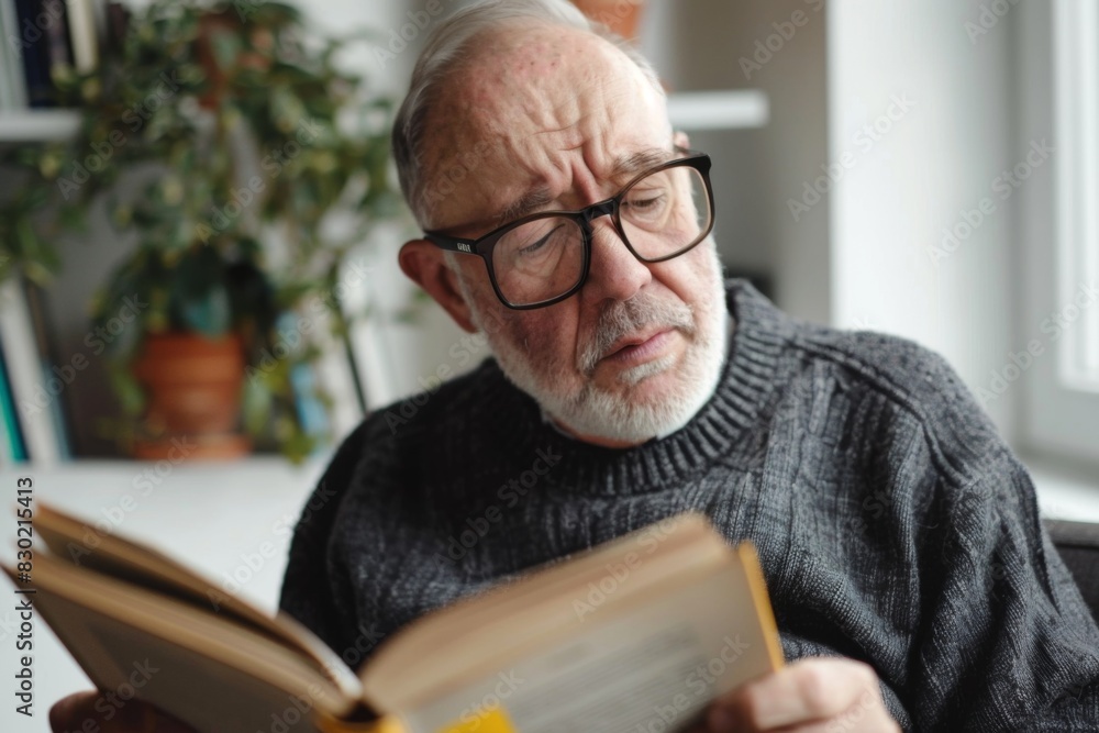 Older man with vision problems trying to read a book Older man with vision problems trying to read a book