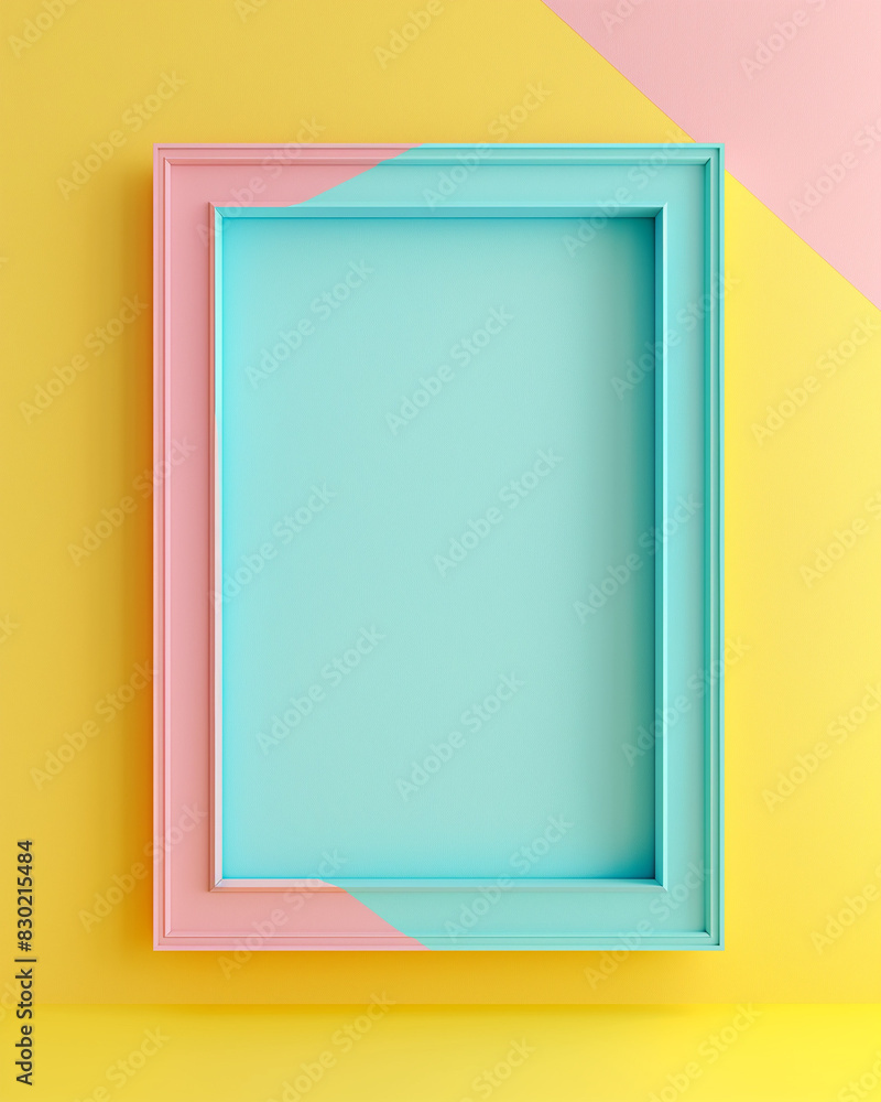 Big Empty Frame in Inpatient Departments with 3D Illustrative Minimalistic Design, Baby Blue, Yellow, and Pink Colors, Modern Healthcare Deco Big Empty Frame in Inpatient Departments with 3D Illustrative Minimalistic Design, Baby Blue, Yellow, and Pink Colors, Modern Healthcare Deco