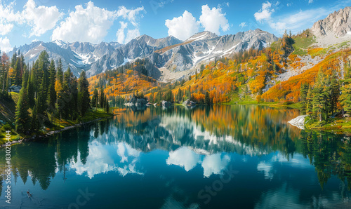 Serene Autumn Reflections at Alpine Lake in Wasatch Mountains, Salt Lake Utah - Perfect Tranquil Nature Landscape Scene with Calm Waters, Vibrant Trees, and Rugged Peaks on a Bright Day photo