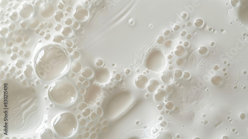 Milk background with poured fresh milk with bubbles. View from above