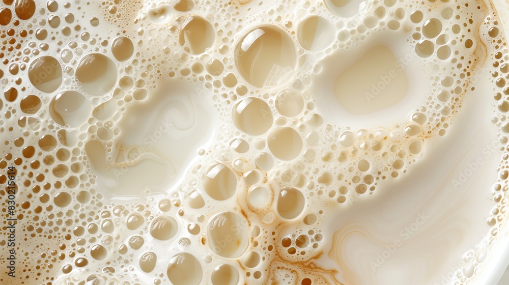 Milky coffee background with poured fresh milk mixed with coffee creating interesting color patterns in a chocolate shade with bubbles. Top view close up Milky coffee background with poured fresh milk mixed with coffee creating interesting color patterns in a chocolate shade with bubbles. Top view close up