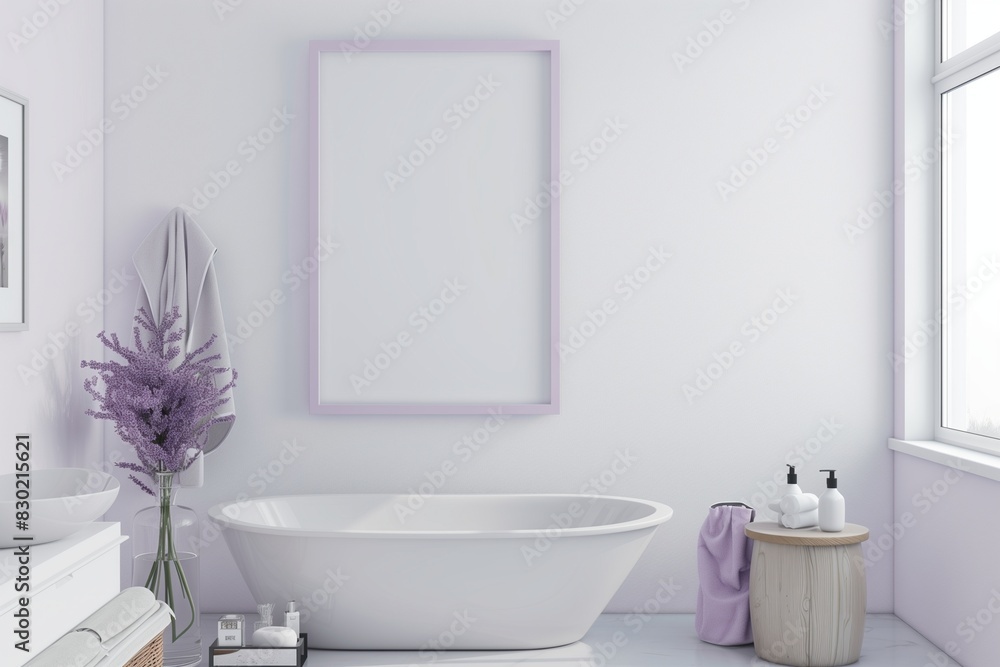 Fototapeta premium /imagine: A tranquil bathroom with an empty wall frame mockup in a soft lavender color, adding a touch of serenity to the clean, white space.