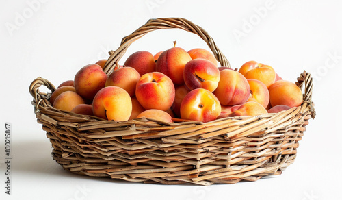 A close-up shot of a rustic wicker basket filled with plump, ripe apricots, their vibrant orange hues contrasting beautifully against the pristine white backdrop.