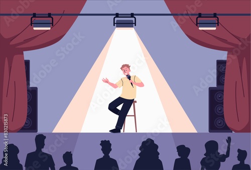 Comedian artist man with mic perform stand-up comedy show sitting on the stool on stage, vector audience listening jokes