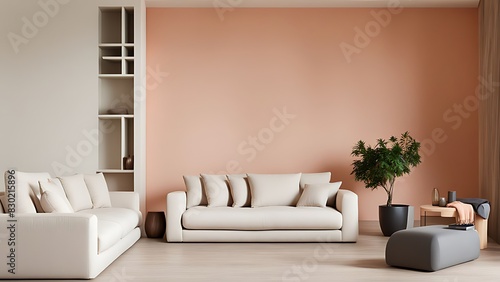 Peach fuzz interior room color for 2024 with pastel wall accent paint in apricot salmon orange shades  featuring ivory creamy luxury furniture  sofa  and tan pillows  3D render 