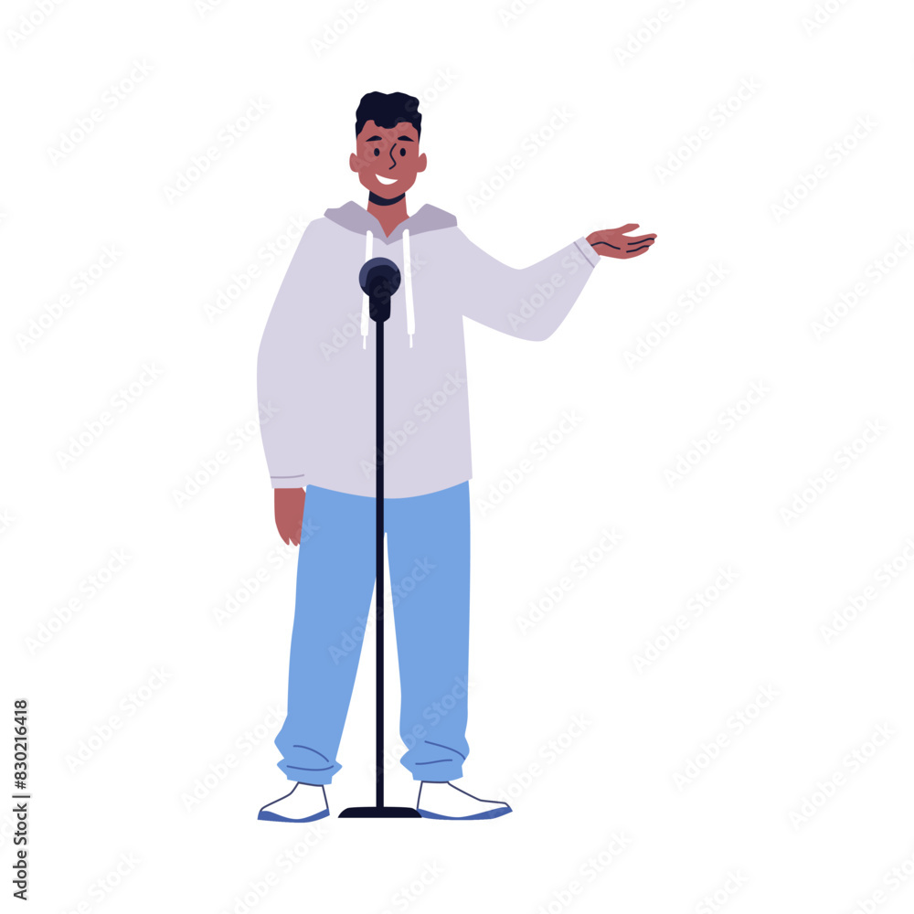Comedian with microphone perform stand-up comedy show flat vector, comic artist afro man tell jokes fun live speaker