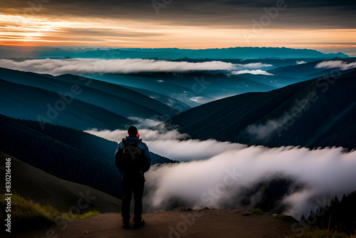 View From the back. A lonely standing man high in the mountains looks at the setting sun and the sunset horizon with a valley filled with clouds. The concept of tourism travel and male loneliness photo