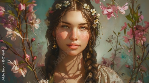 A portrait of a young woman with long, braided hair adorned with flowers, embodying beauty and femininity with a serene smile.