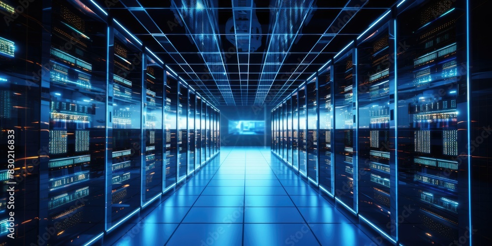 Data center and network devices in high performance operation background Data center and network devices in high performance operation background