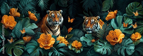 Two tigers are standing in a forest surrounded by flowers. They appear to be looking at something in the distance.