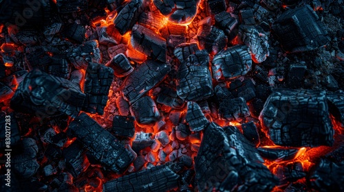  A close-up of a heap of coal beside a pile of rocks Rocks with red and black flames erupting from their tops photo