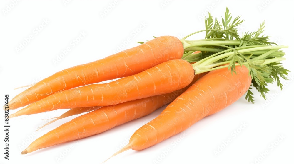 Fresh orange carrots with green tops and water droplets on a white background in a close-up shot Fresh orange carrots with green tops and water droplets on a white background in a close-up shot