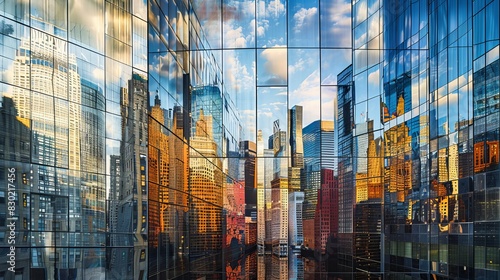 Architectural Reflections  A captivating image capturing the reflections of buildings in the glass facades of modern skyscrapers. 