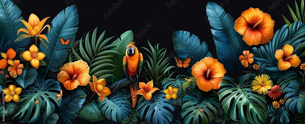 A vibrant scene of tropical flowers, including blue, yellow, and orange flowers, set against a black background. A vibrant scene of tropical flowers, including blue, yellow, and orange flowers, set against a black background.