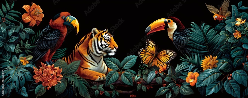 Fototapeta premium A painting of a tiger and a parrot in a jungle with green leaves and flowers around them.