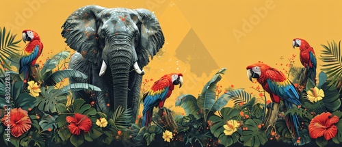 A colorful painting of an elephant and a bird standing in a field of flowers.
