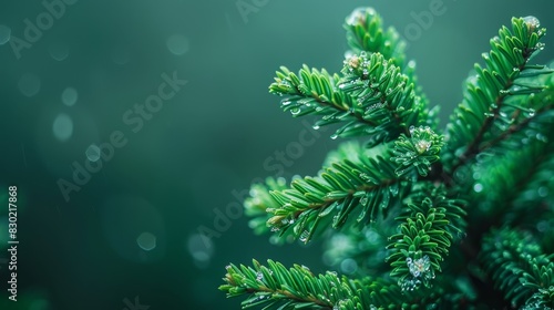 needles dotted with water droplets  background blurred with green leaves and dew-kissed branches