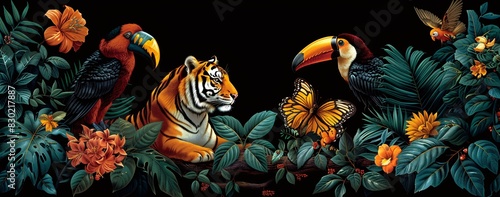 A painting of a tiger and a parrot in a jungle with green leaves and flowers around them.