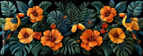 Wallpaper Mural A black and orange flower pattern on a dark background. Torontodigital.ca